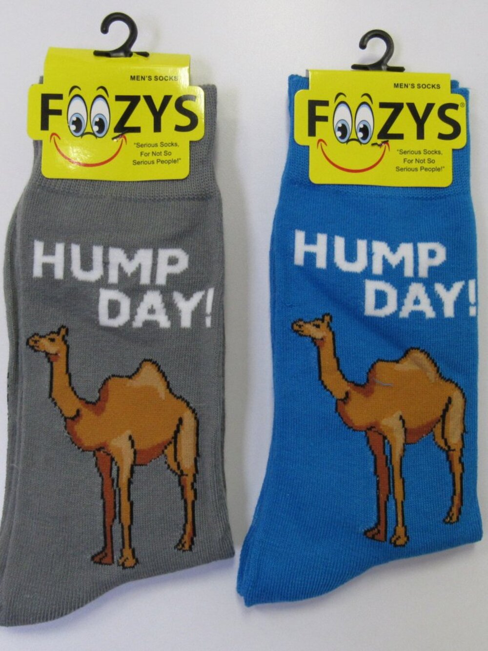 2 Pairs Men's Foozys HUMP DAY Camel Novelty Fun Crew Socks 1 Blue & 1 Gray